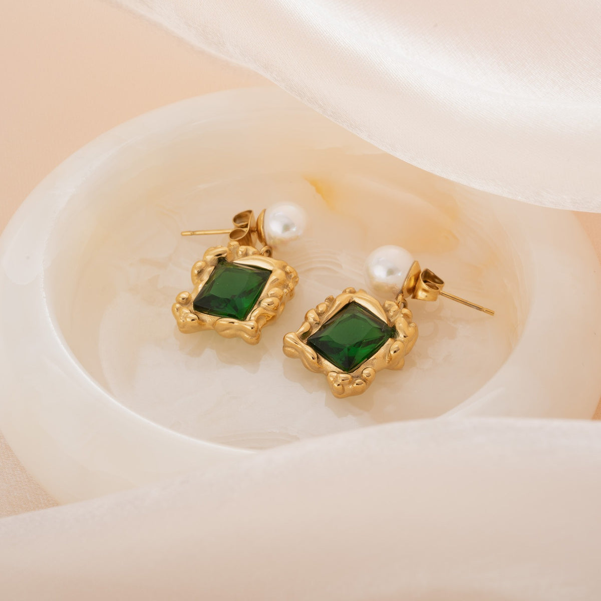 18k Classy Green Gemstone Pearl Drop Earrings