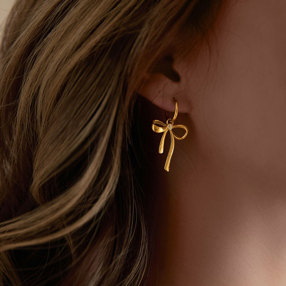 18k Dainty Twisted Bow Drop Earrings