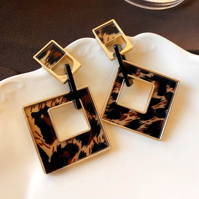 Classy Leopard Geometric Square Earrings