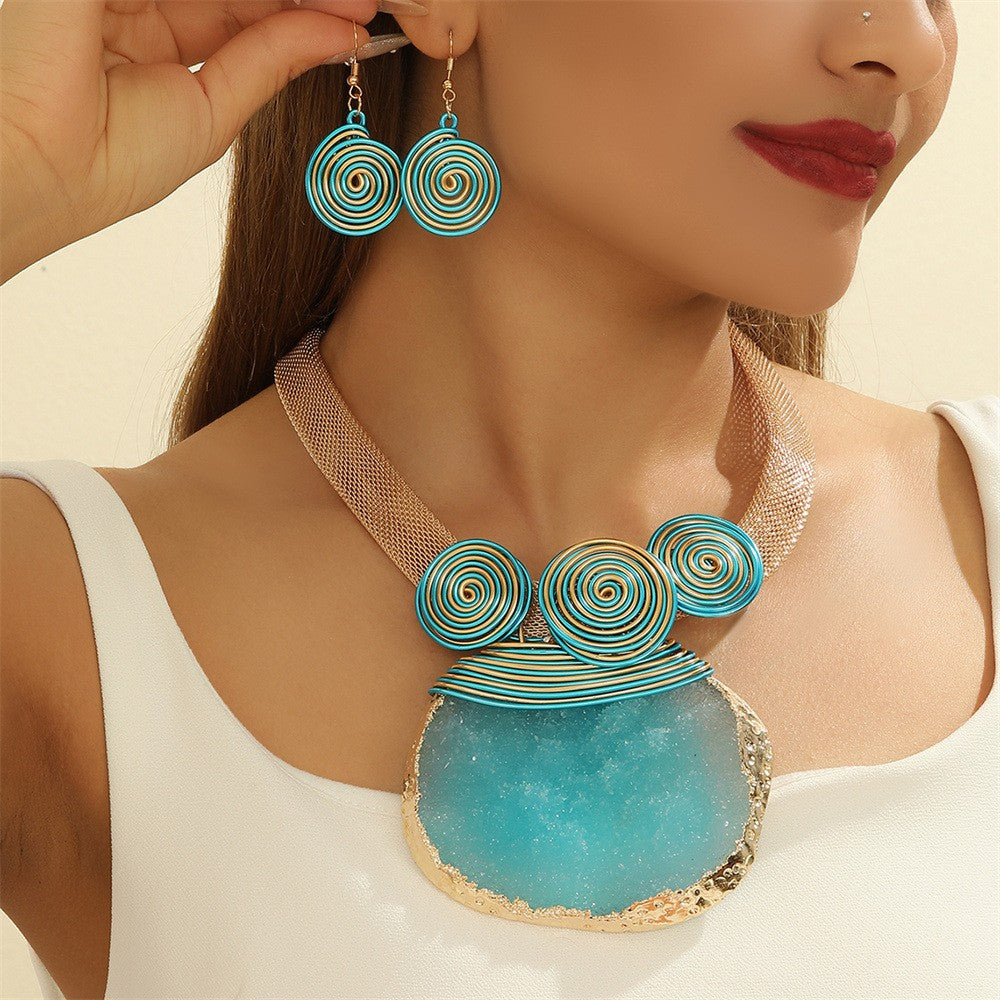 Boho Green Stone Spiral Collar Necklace & Earring Set