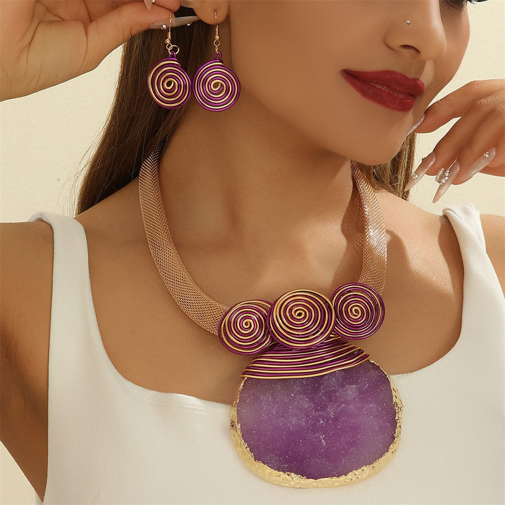 Boho Green Stone Spiral Collar Necklace & Earring Set