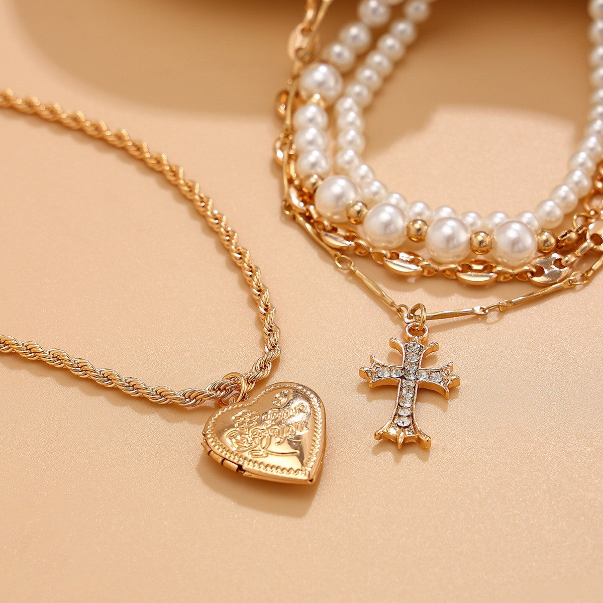 Classy Layered Faux Pearl Cross Heart Necklace