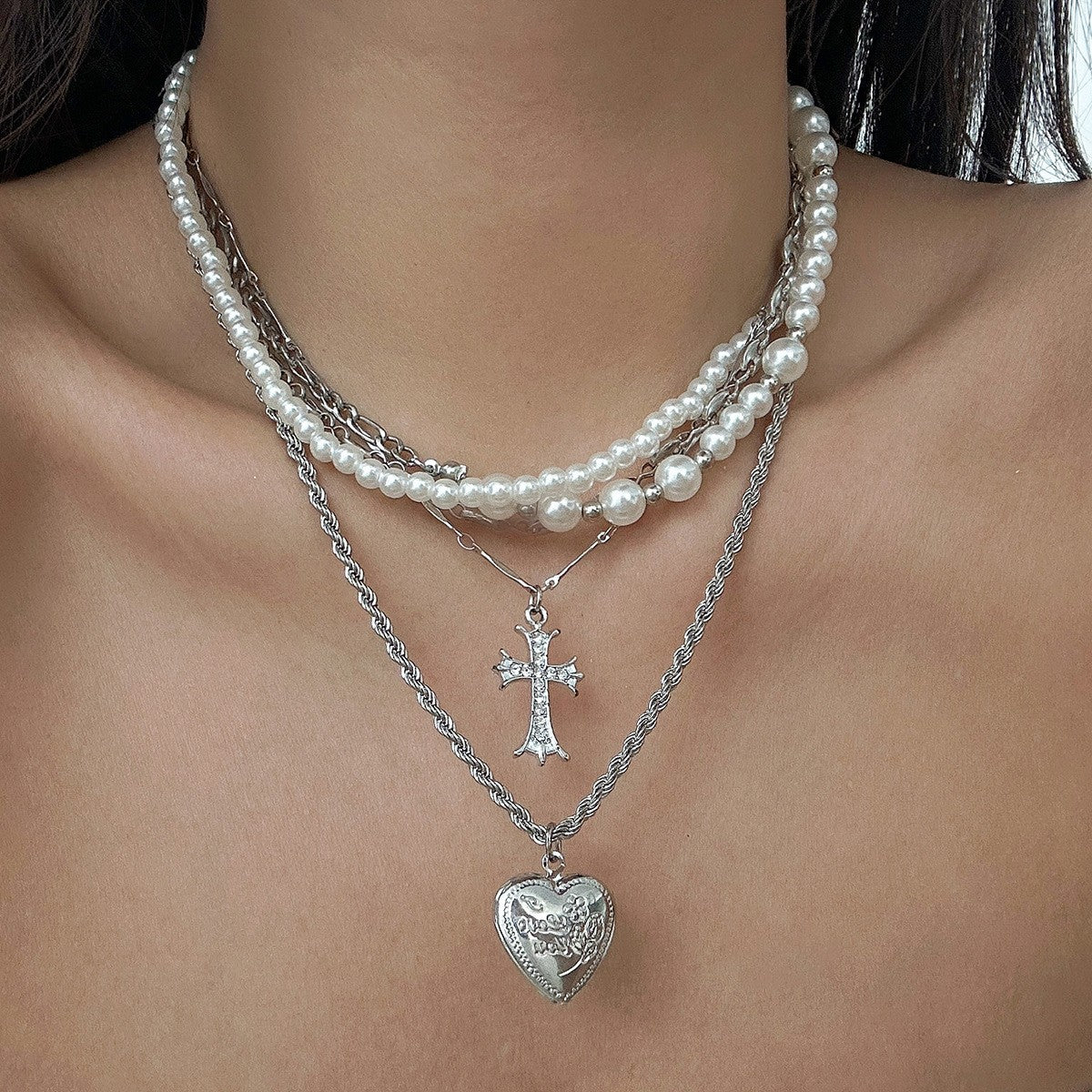 Classy Layered Faux Pearl Cross Heart Necklace