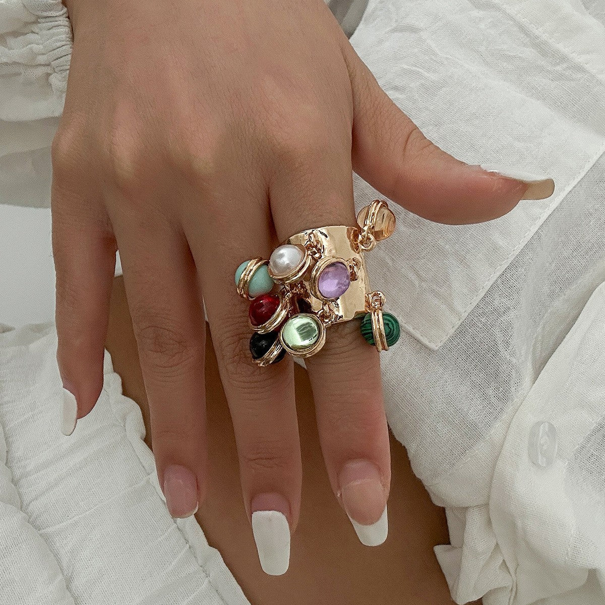 Boho Vintage Faux Pearl Fringe Open Ring