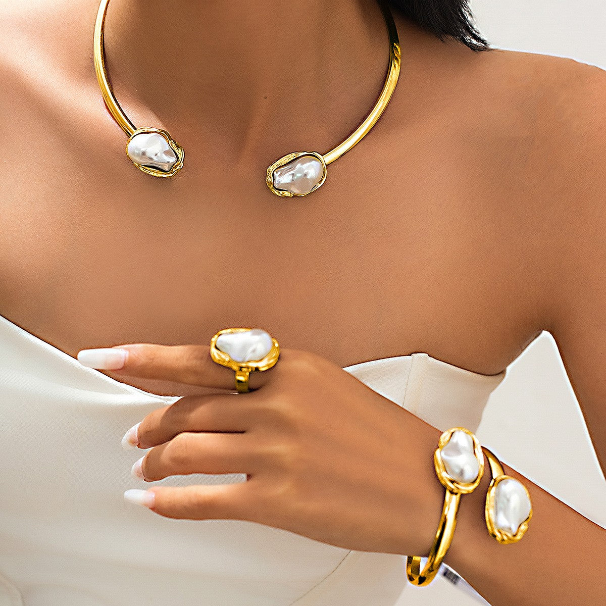 Classy Faux Pearl Collar Necklace, Bracelet & Ring Set
