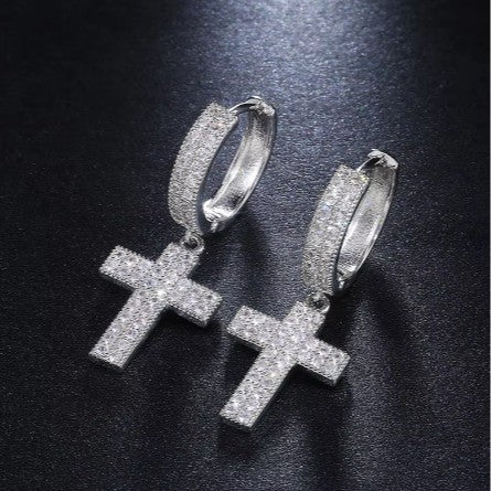 Classy Pave Cross Dangle Hoop Earrings