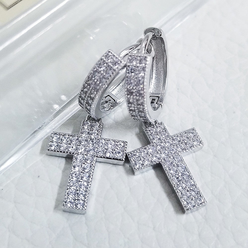 Classy Pave Cross Dangle Hoop Earrings