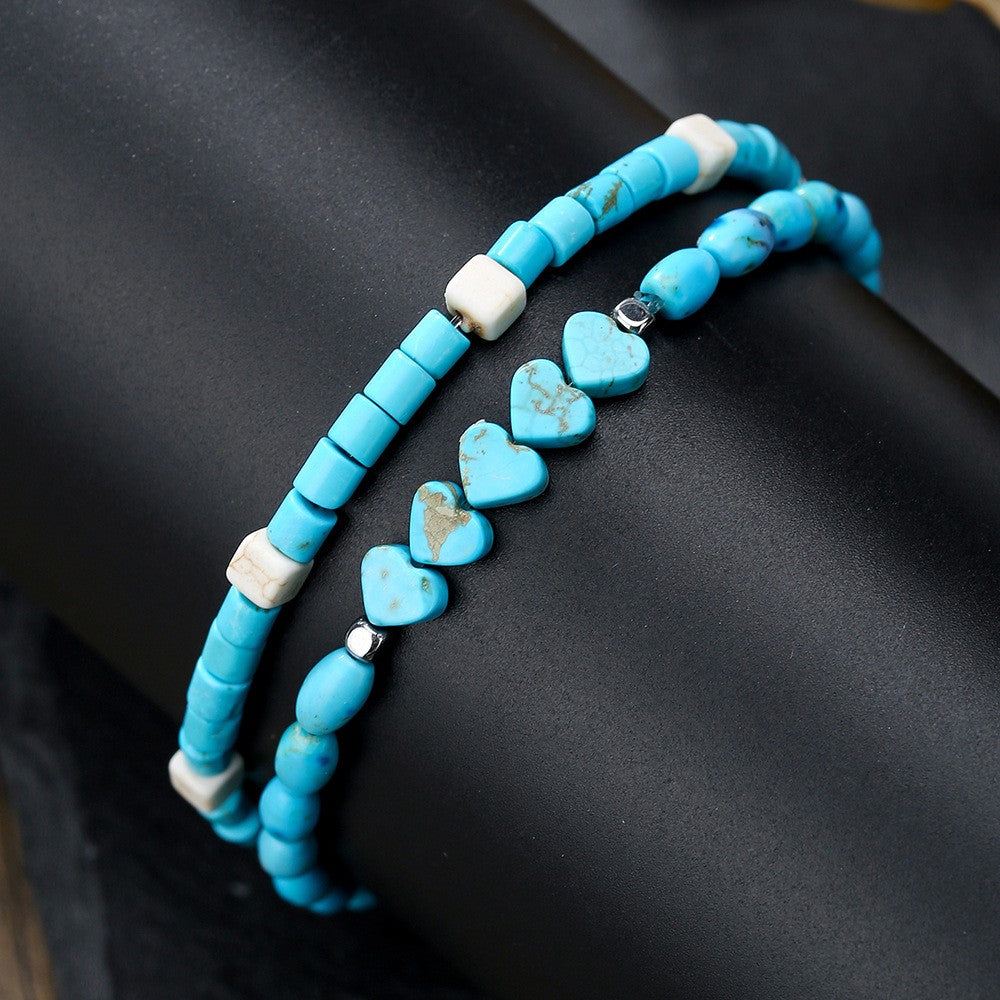 2pc Boho Turquoise Heart Beaded Bracelet Set