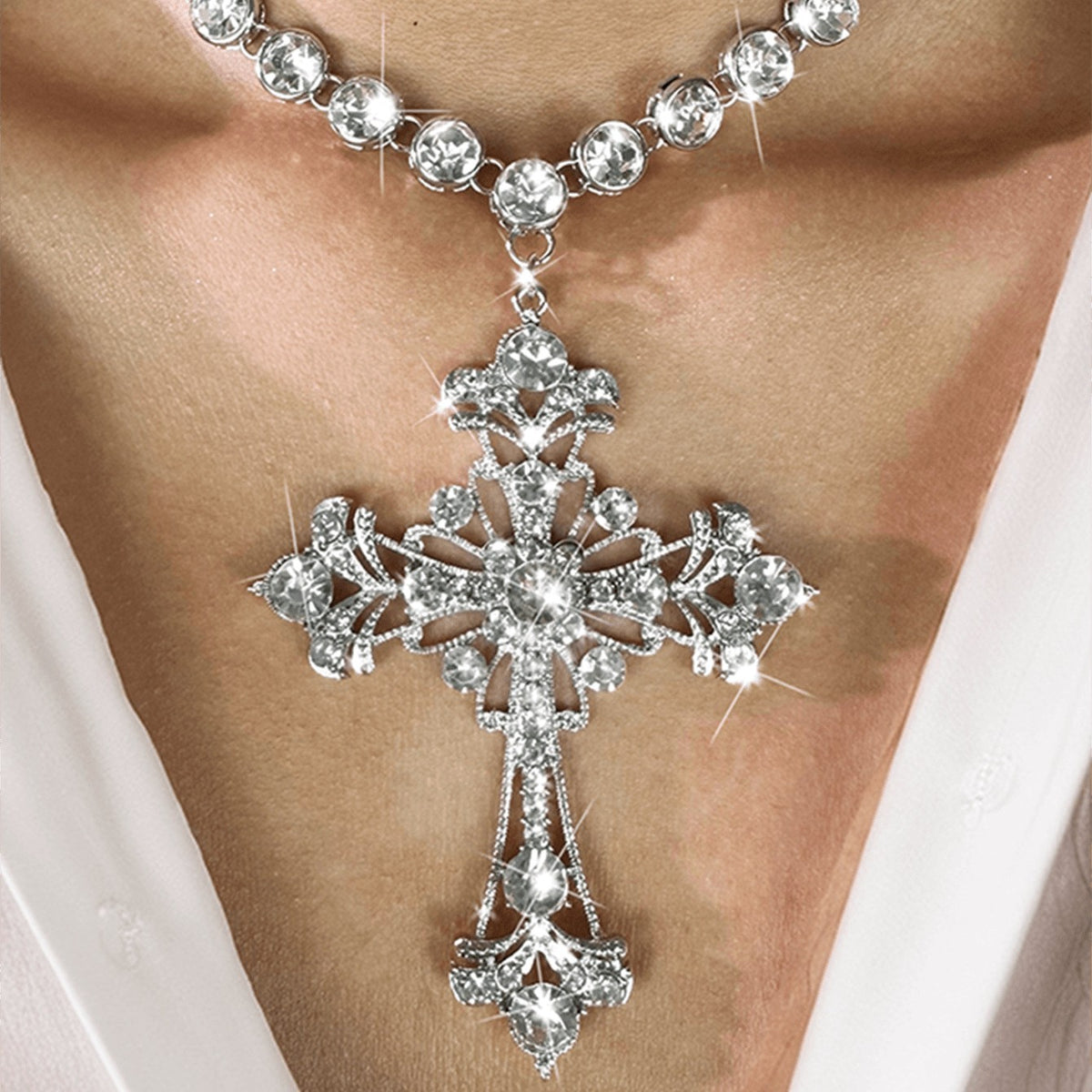 Classy Rhinestone Cross Layered Necklace