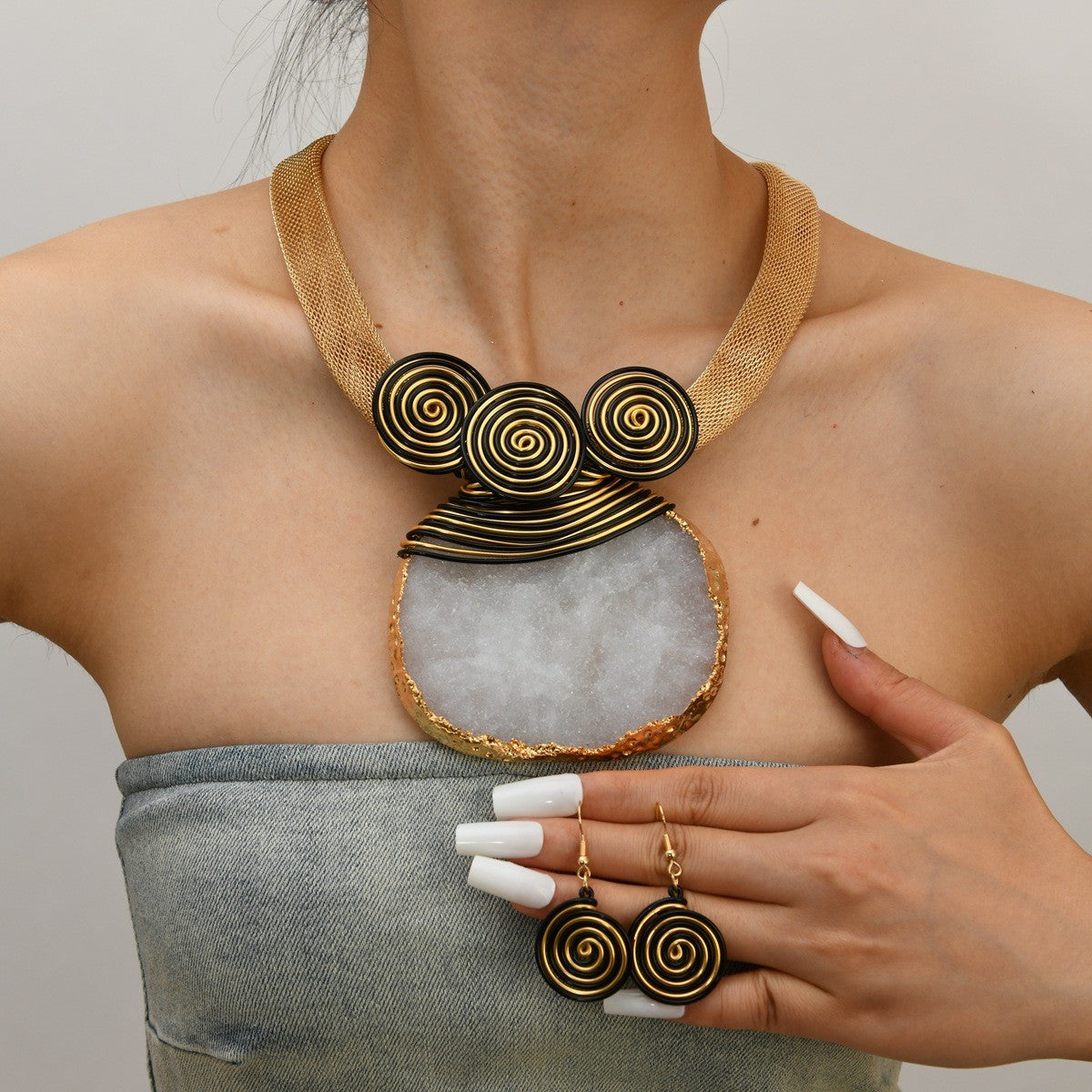 Boho Natural Stone Spiral Collar Necklace & Earring Set