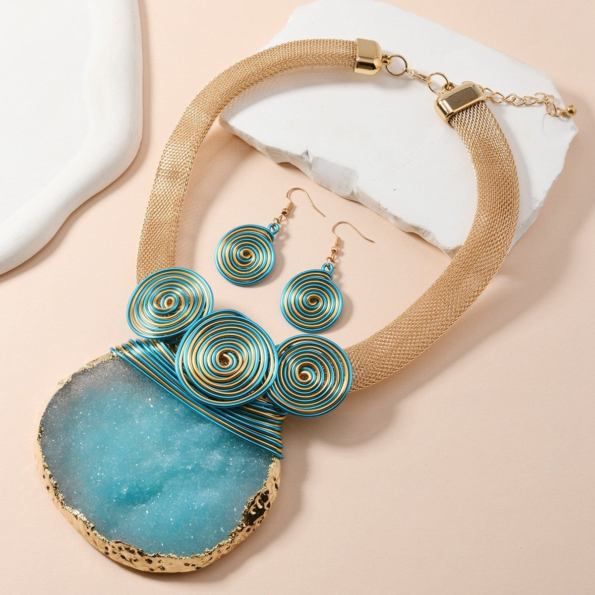 Boho Natural Stone Spiral Collar Necklace & Earring Set