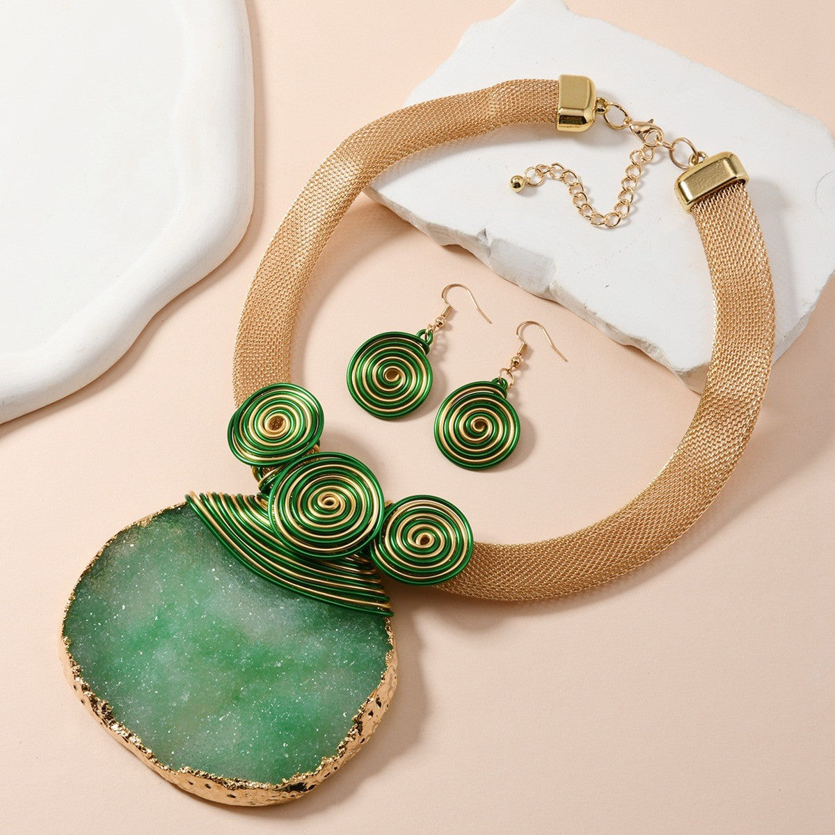 Boho Natural Stone Spiral Collar Necklace & Earring Set