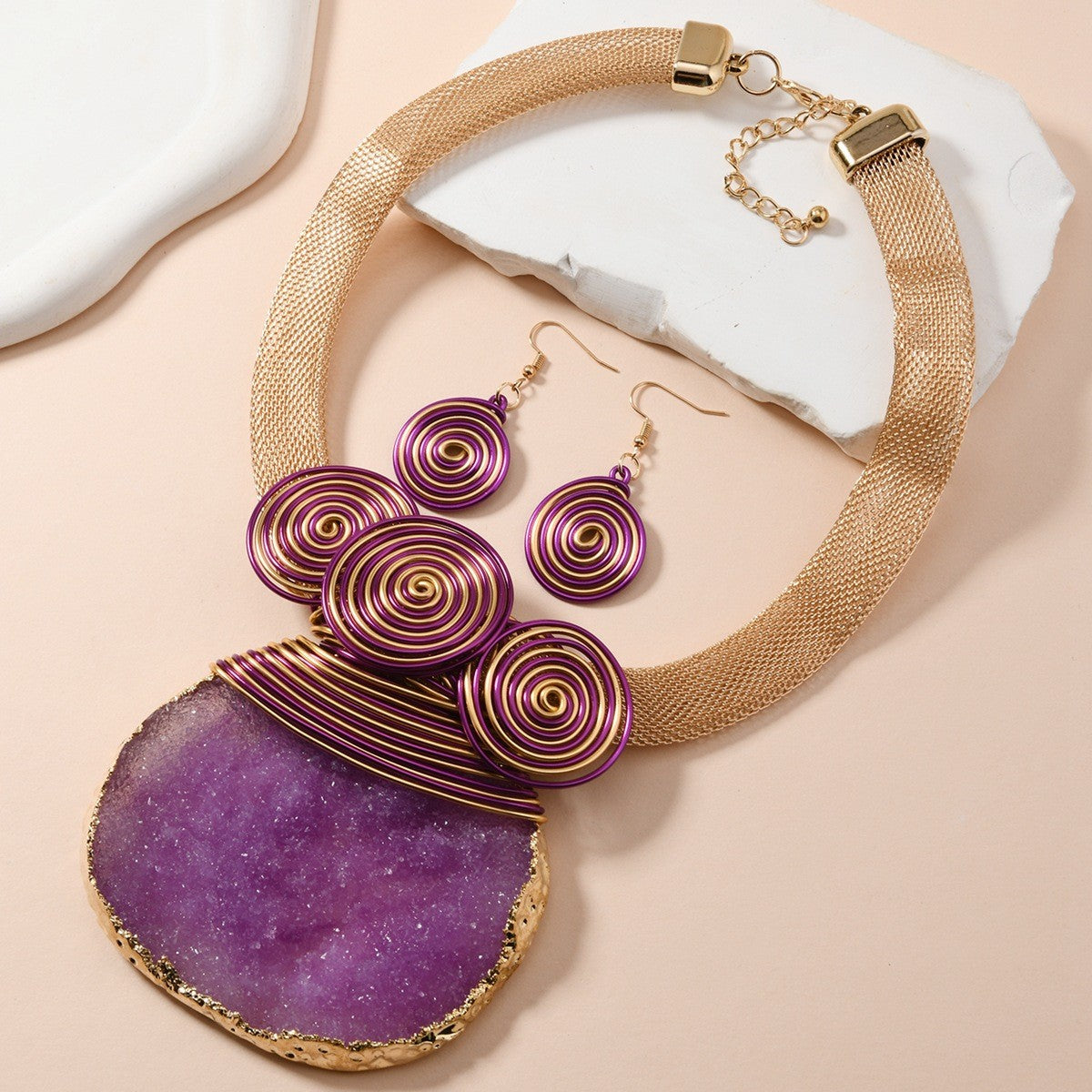 Boho Natural Stone Spiral Collar Necklace & Earring Set