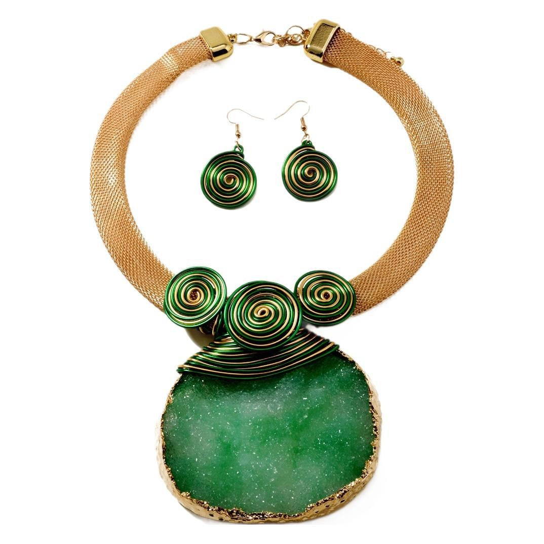 Boho Natural Stone Spiral Collar Necklace & Earring Set