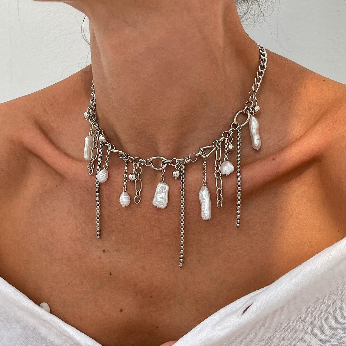 Edgy Layered Faux Pearl Tassel Necklace