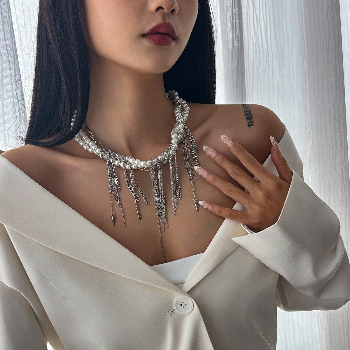 Edgy Layered Faux Pearl Tassel Necklace