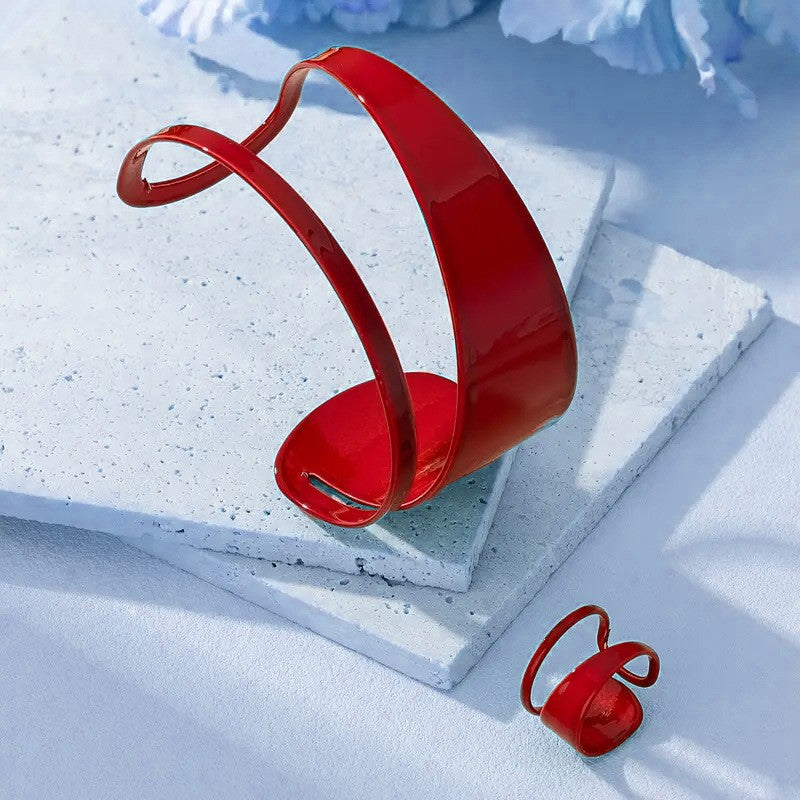 Classy Red Geometric Bangle and Ring Set