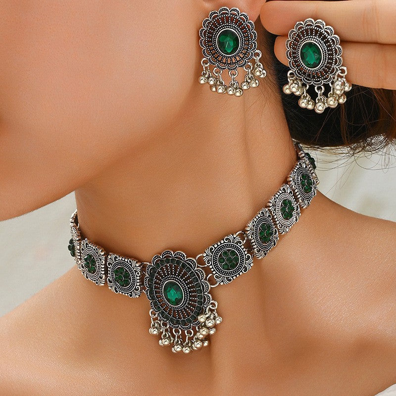 Vintage Rhinestone Medallion Choker & Earring Set