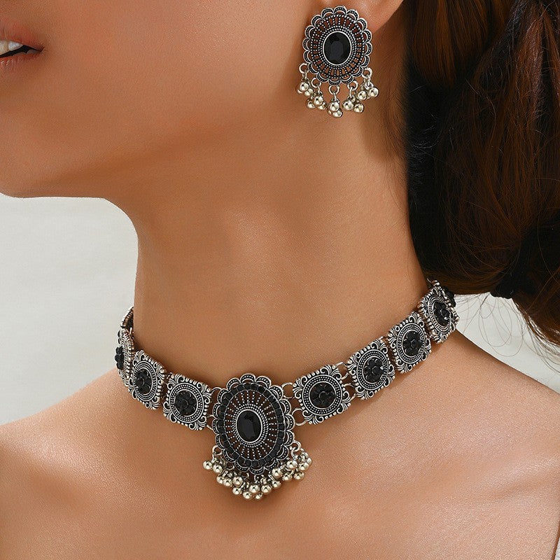Vintage Rhinestone Medallion Choker & Earring Set