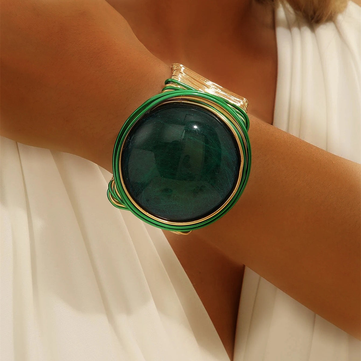 Statement Green Wire Wrapped Cuff Bracelet