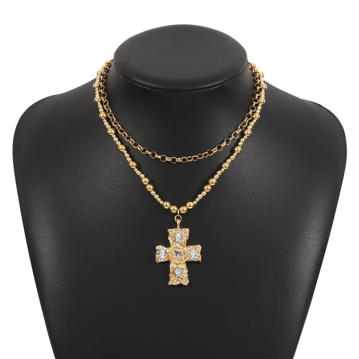 Vintage Rhinestone Cross Layered Necklace