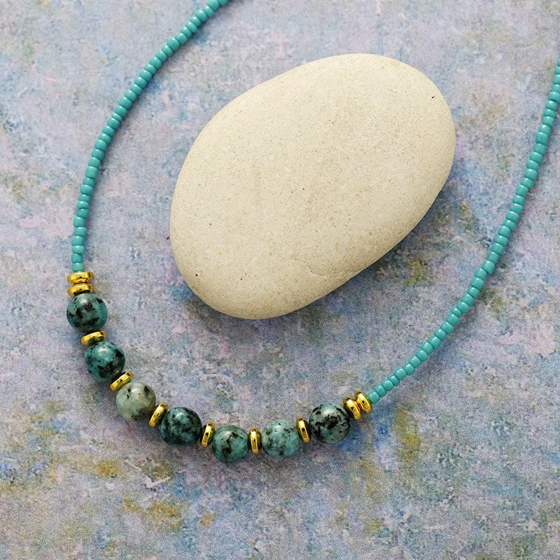 Dainty Blue Stone Seed Bead Necklace