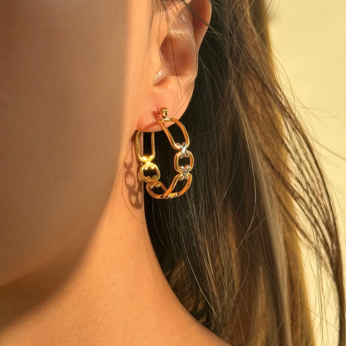 18k Classy Two Tone Geometric Link Earrings
