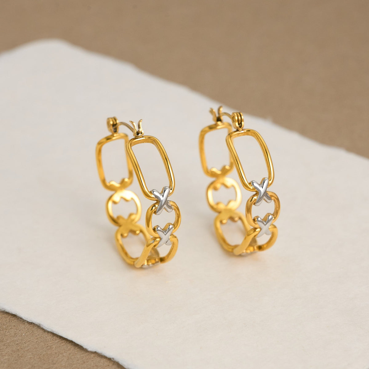 18k Classy Two Tone Geometric Link Earrings