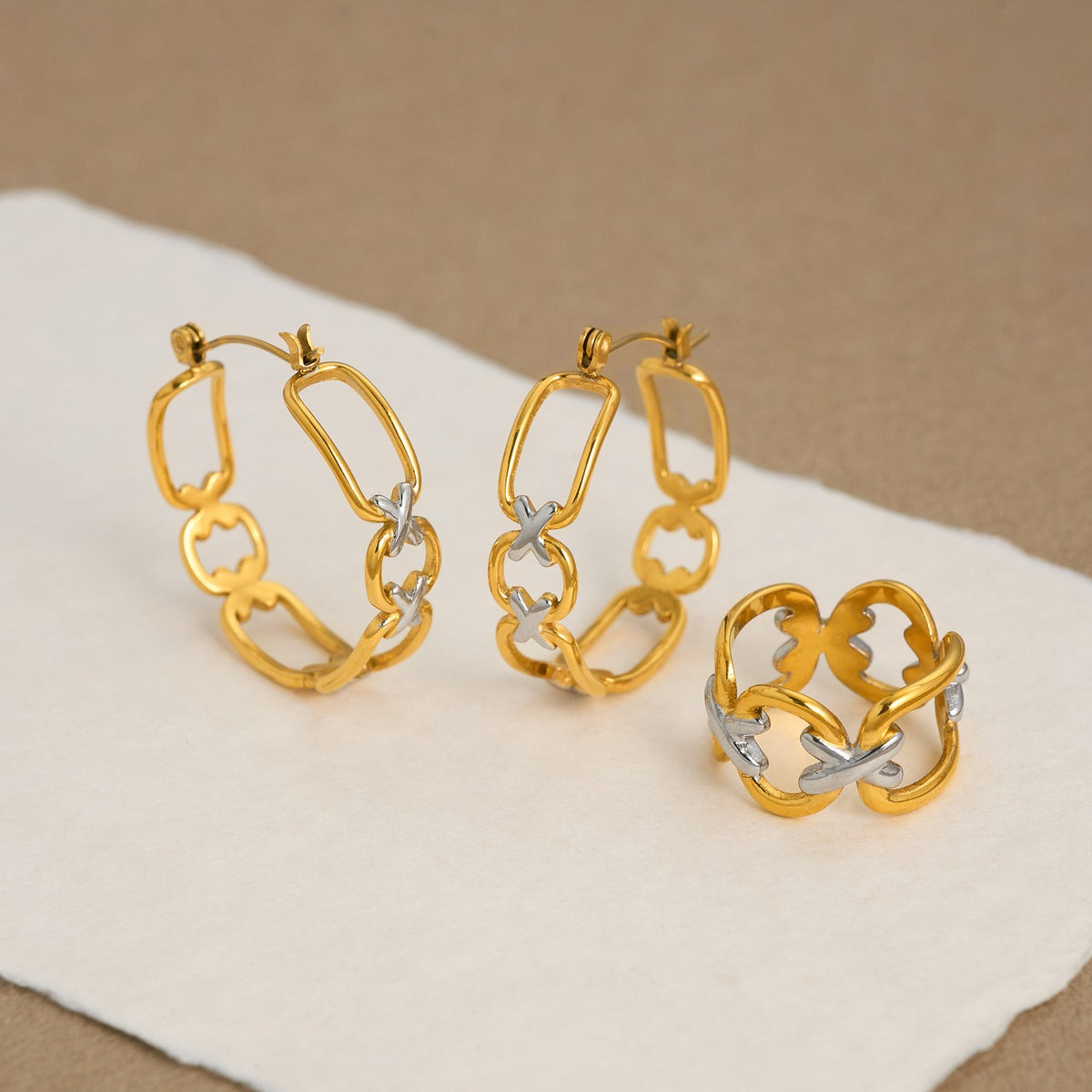 18k Classy Two Tone Geometric Link Earrings