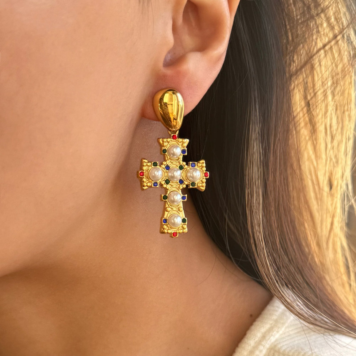 18k Dainty Faux Pearl Cross Earrings