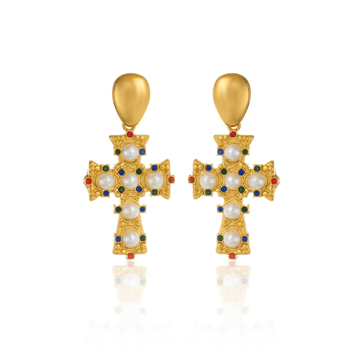 18k Dainty Faux Pearl Cross Earrings