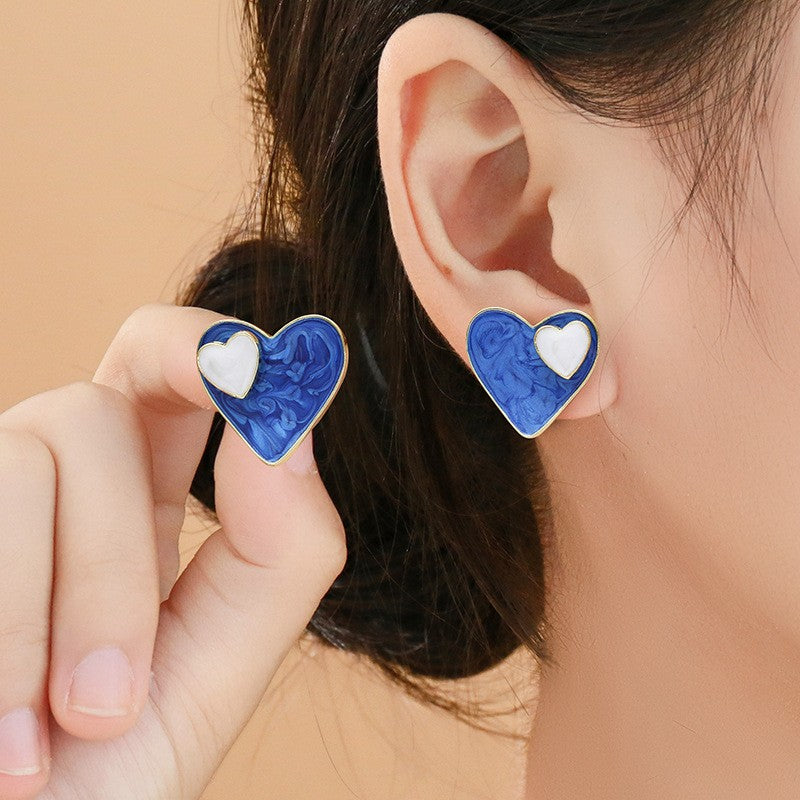 Romantic Blue Marbled Heart Stud Earrings