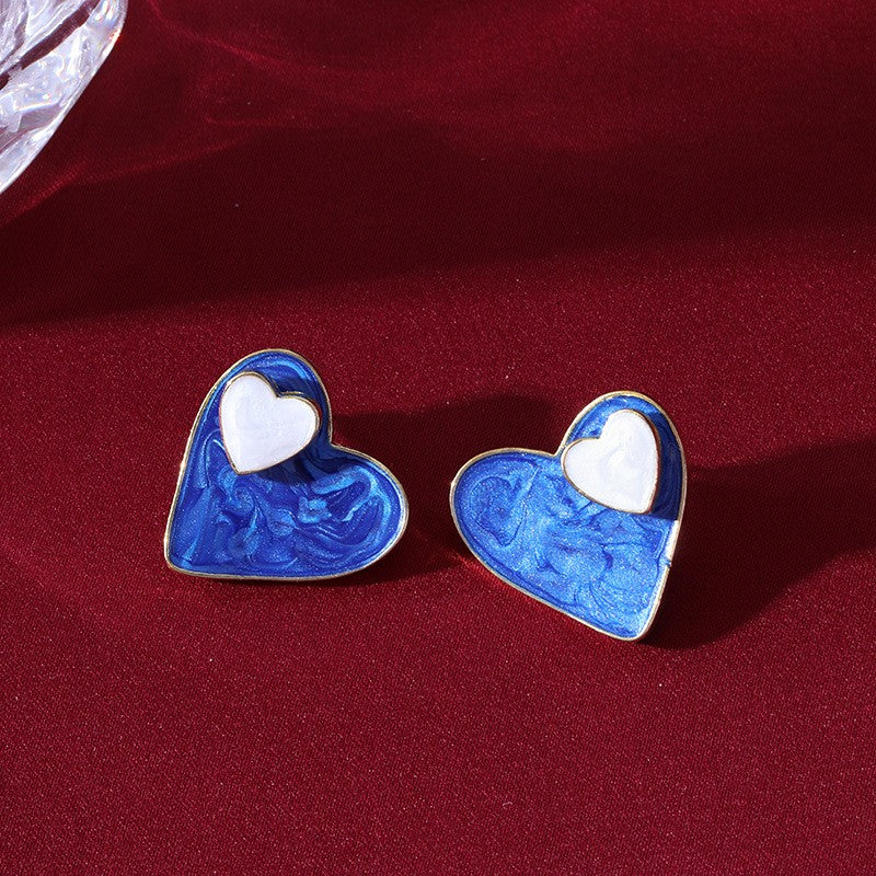 Romantic Blue Marbled Heart Stud Earrings