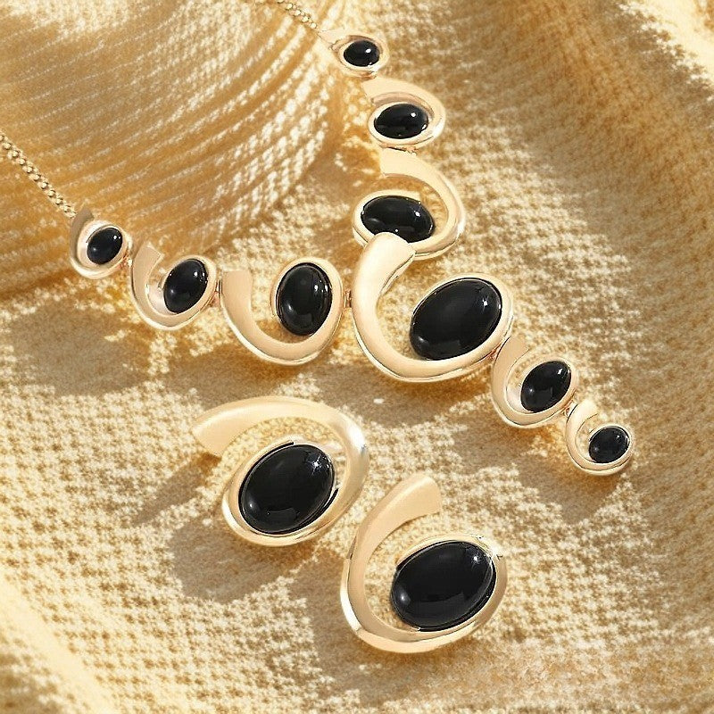 Classy Black Oval Spiral Necklace & Earring Set