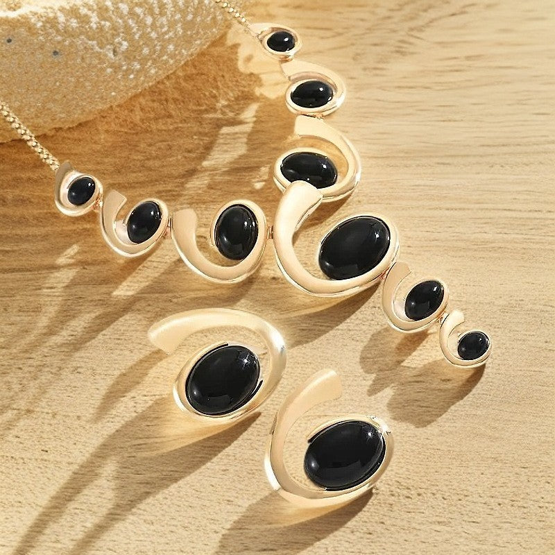 Classy Black Oval Spiral Necklace & Earring Set