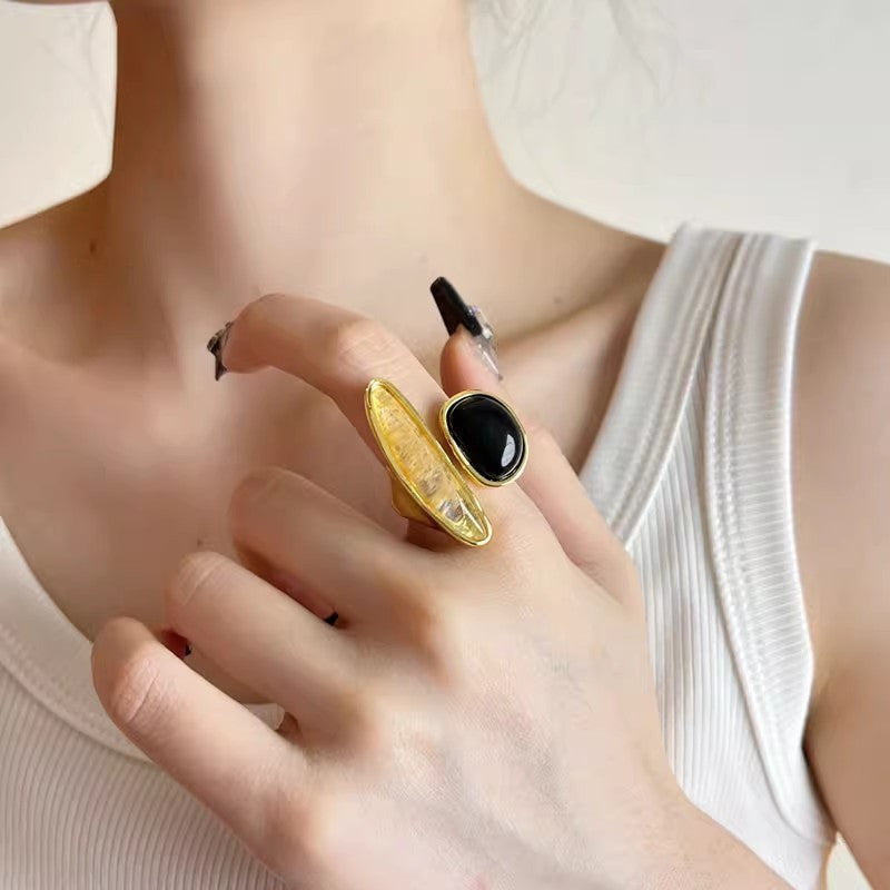 Classy Asymmetric Black Agate Open Ring