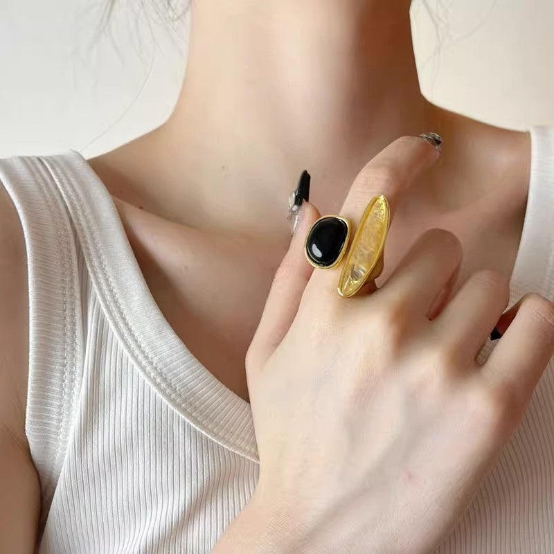 Classy Asymmetric Black Agate Open Ring