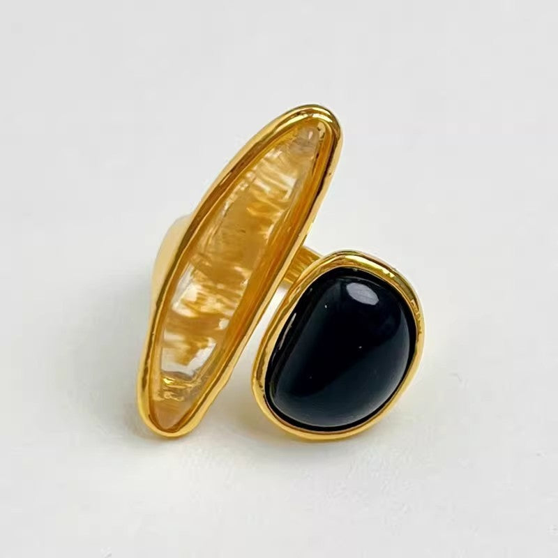 Classy Asymmetric Black Agate Open Ring