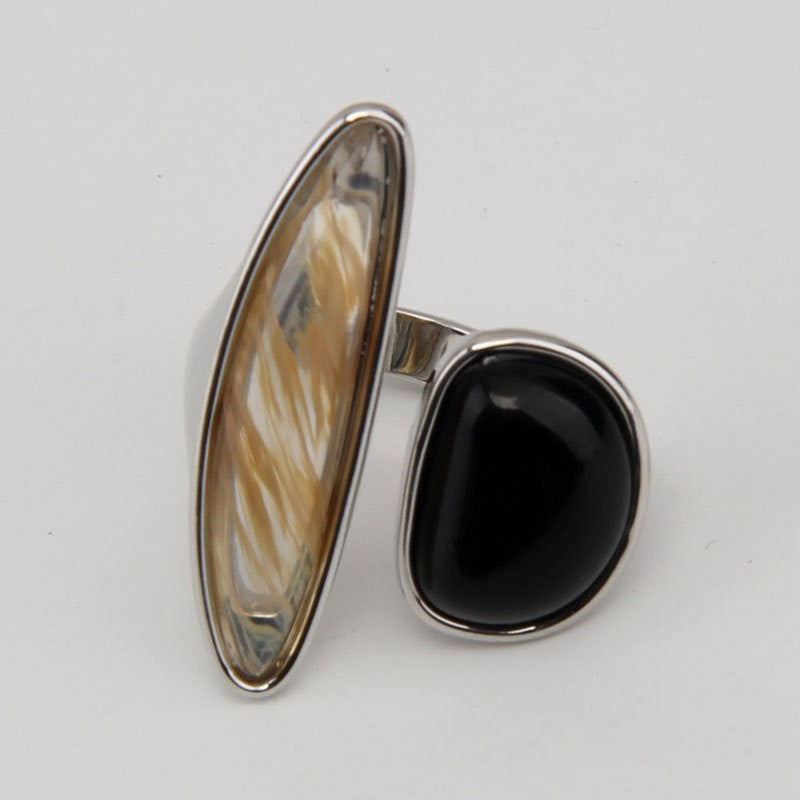 Classy Asymmetric Black Agate Open Ring