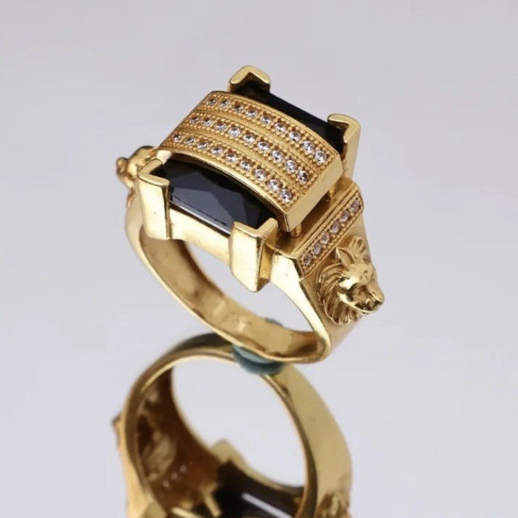 Classy Lion Head Black Stone Ring