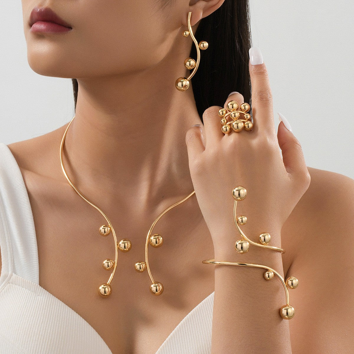 Classy Gold Ball Wire Necklace, Bracelet & Earring Set