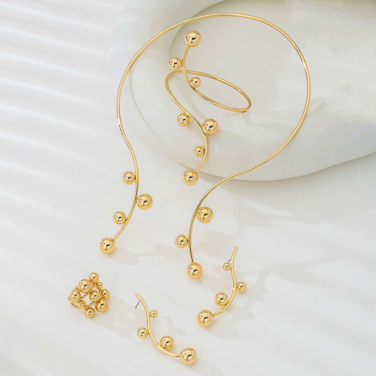 Classy Gold Ball Wire Necklace, Bracelet & Earring Set