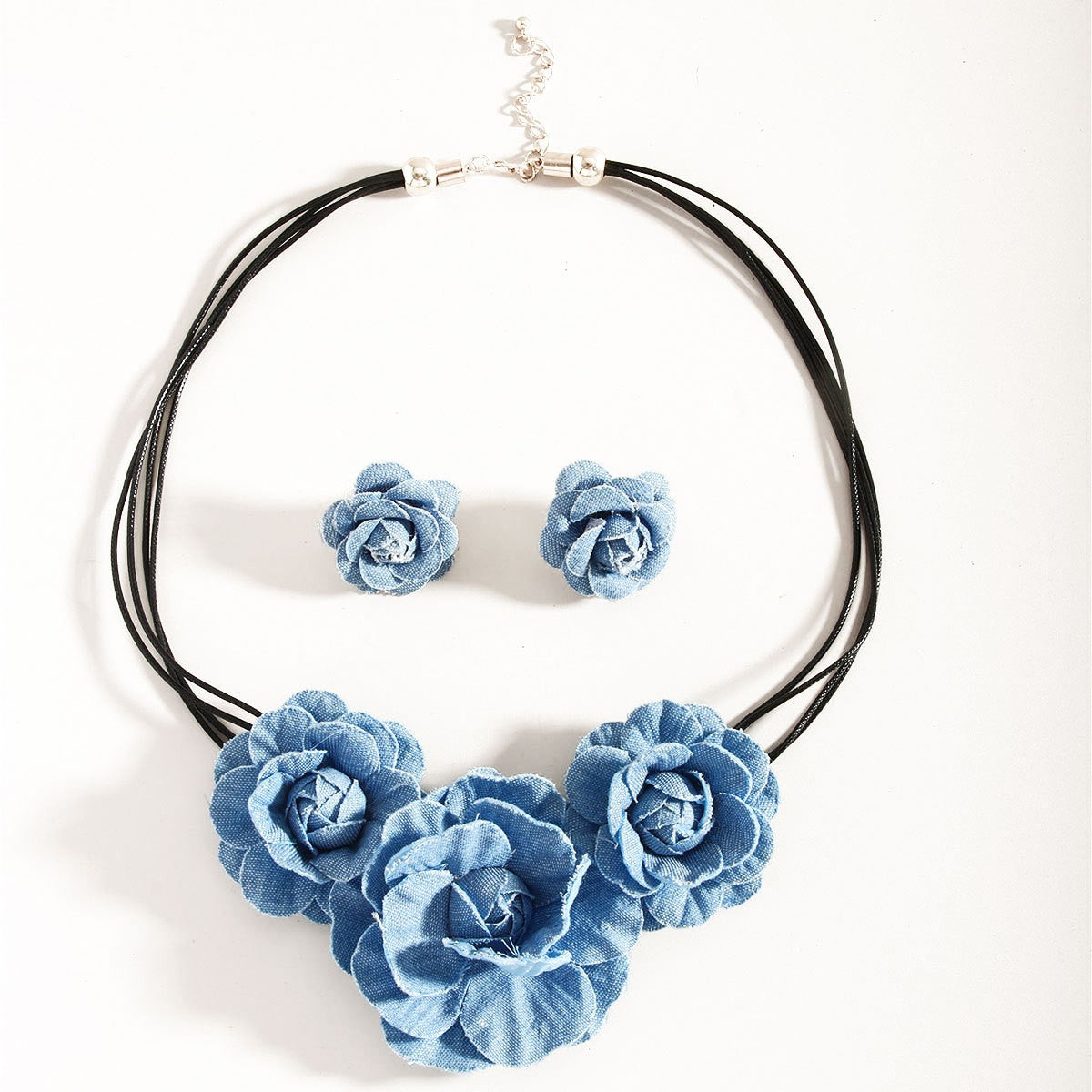 Romantic Blue Denim Rose Necklace & Earring Set