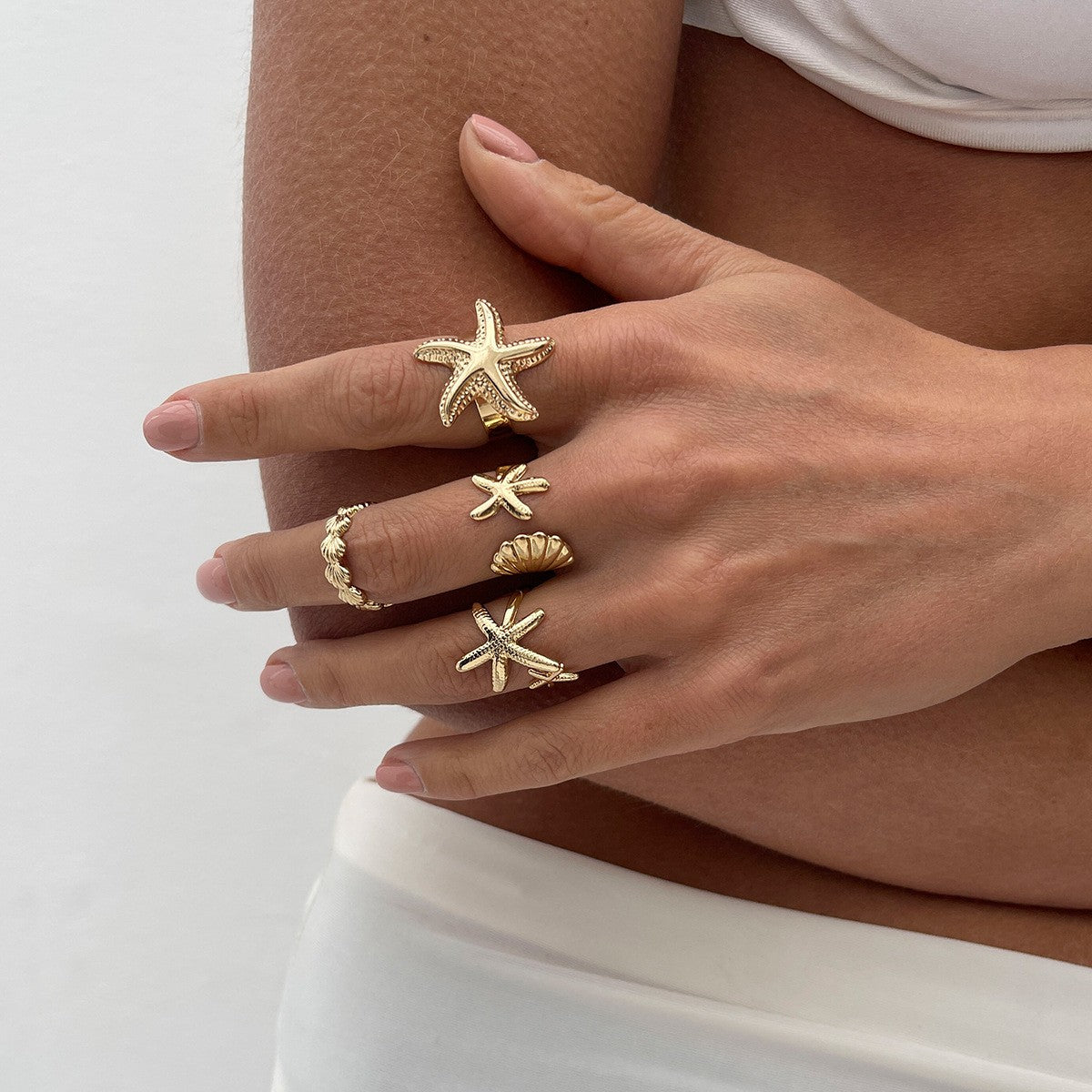 Boho Starfish & Shell Ring Set