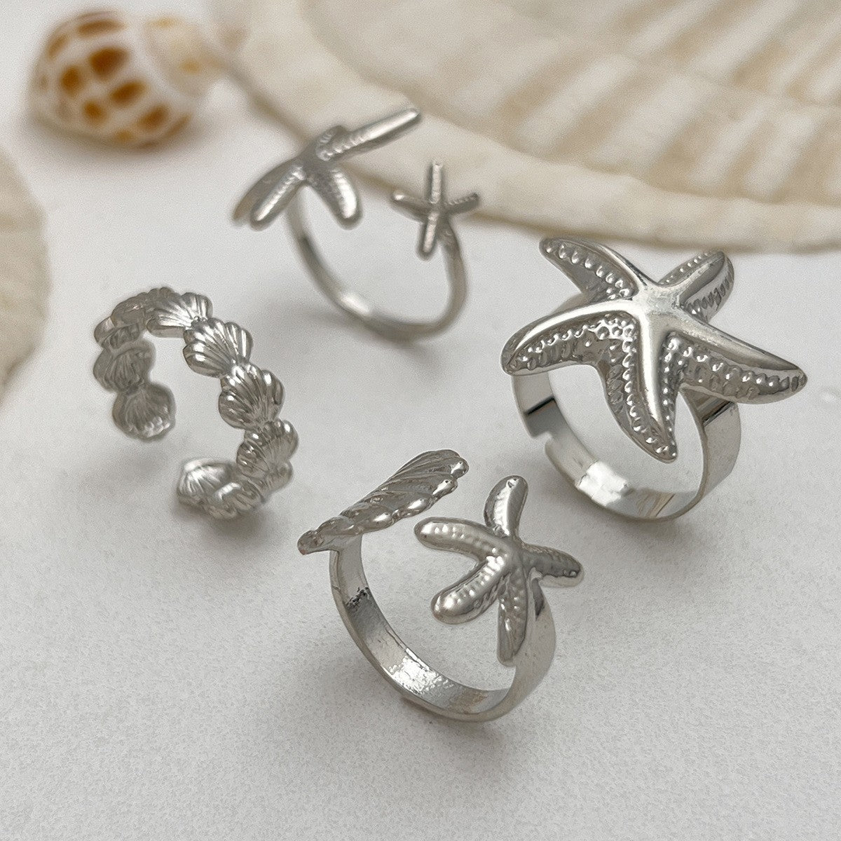 Boho Starfish & Shell Ring Set