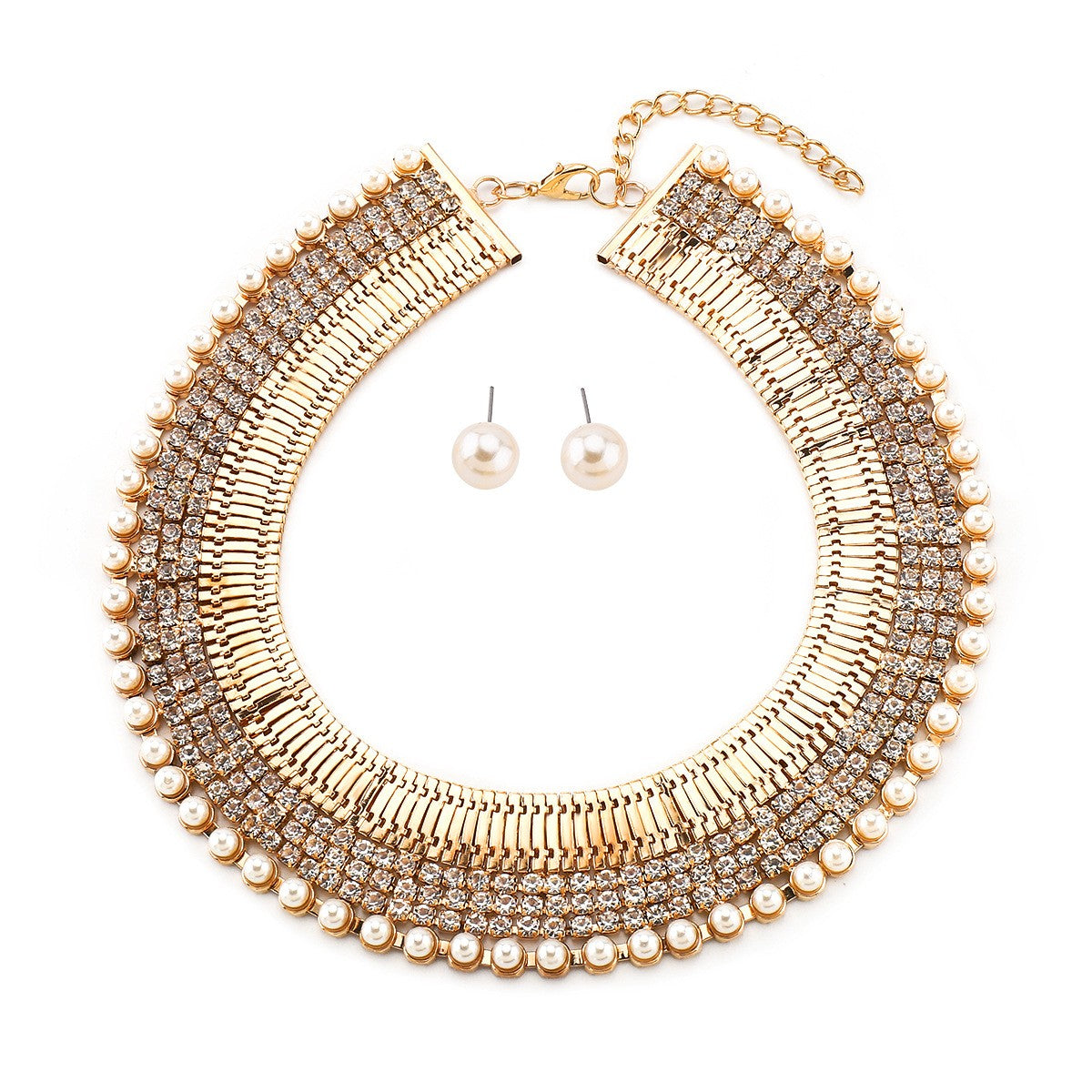 Classy Rhinestone Pearl Collar Necklace & Earring Set