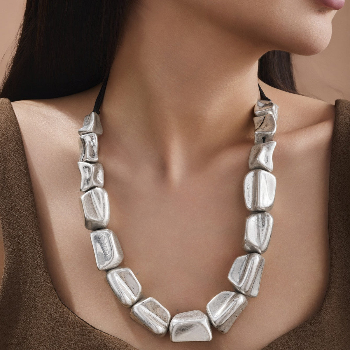 Vintage Silver Geometric Block Necklace