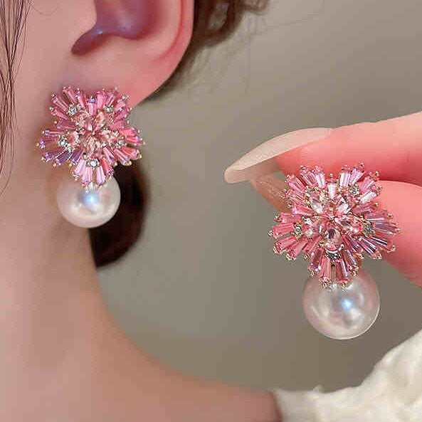 Romantic Pink Crystal Snowflake Pearl Earrings