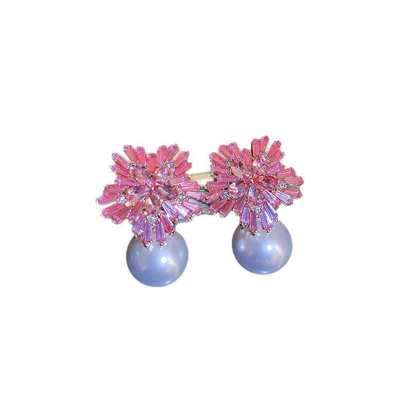Romantic Pink Crystal Snowflake Pearl Earrings