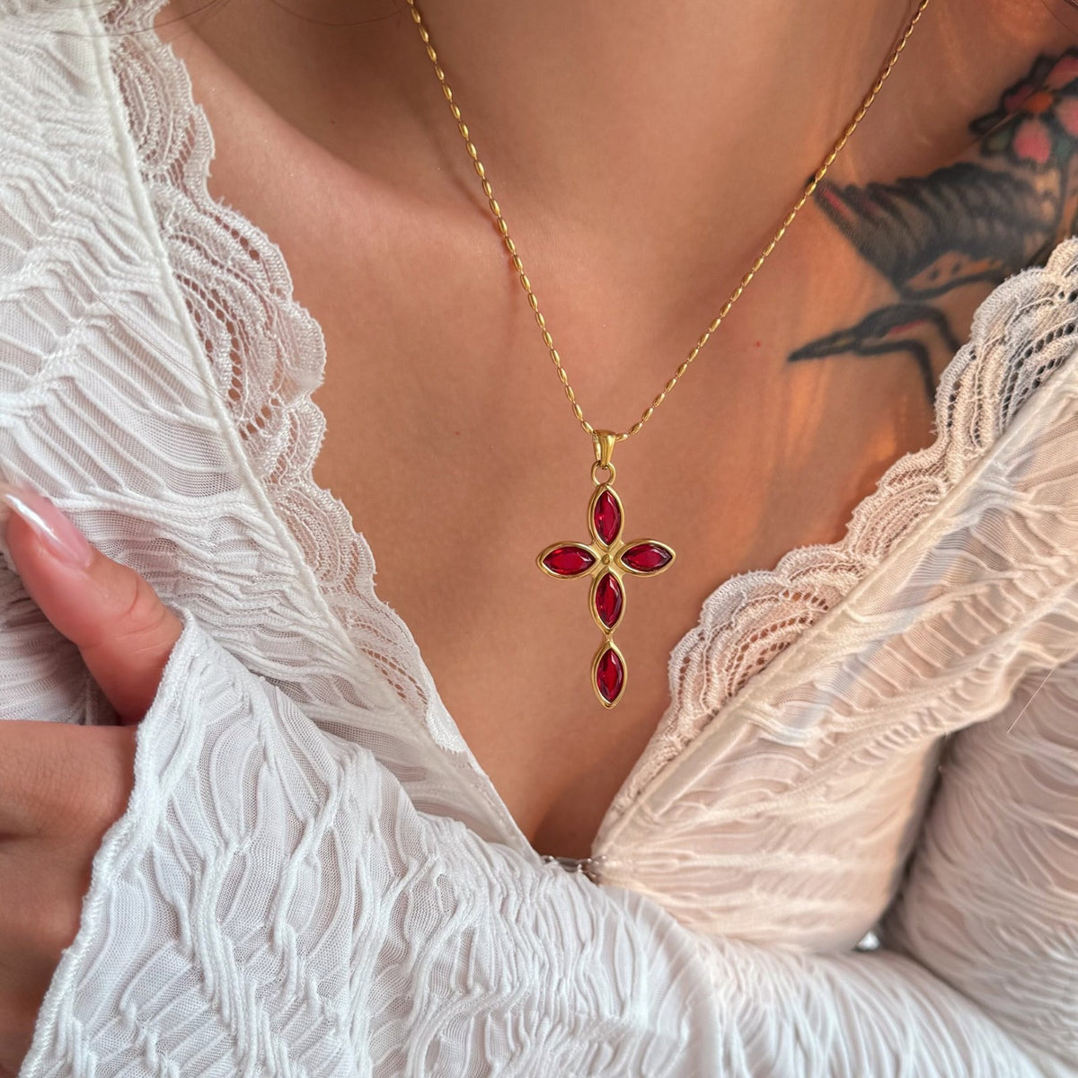 Dainty Red Marquise Cross Necklace